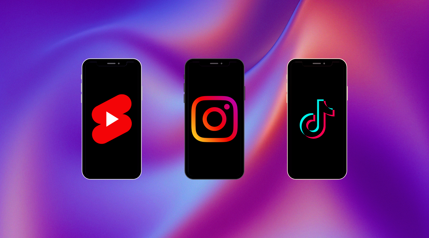 Three cellphones displaying the logos of top three short form content videos: YoutTube Shorts, Instagram Reels, and TikTok.